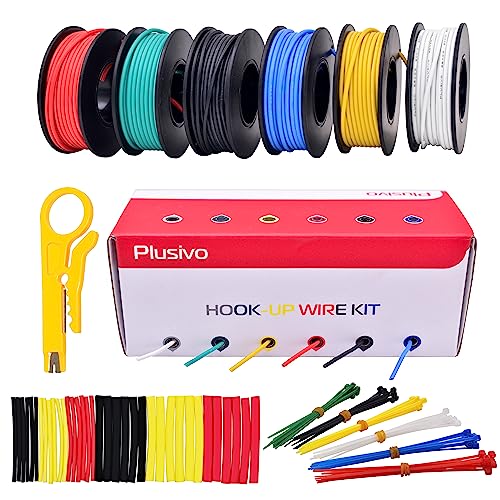 22AWG Silicone Hook Up Wire - 22 Gauge Stranded Tinned Copper Wire with Silicone Insulation, 6 Colors (Black, Red, Yellow, Green, Blue, White) 23ft / 7m Each, Hook Up Wire Kit from Plusivo