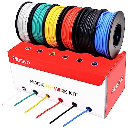 22AWG Silicone Hook Up Wire - 22 Gauge Stranded Tinned Copper Wire with Silicone Insulation, 6 Colors (Black, Red, Yellow, Green, Blue, White) 23ft / 7m Each, Hook Up Wire Kit from Plusivo