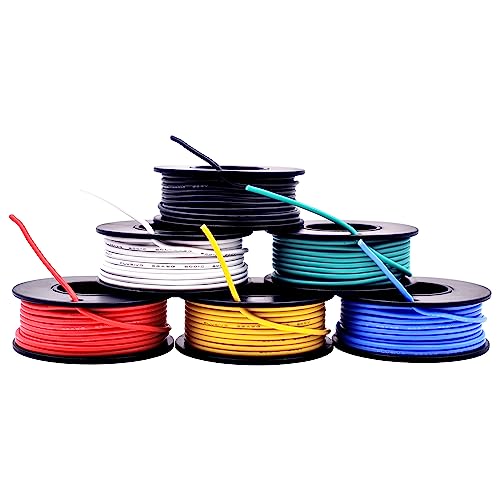 22AWG Silicone Hook Up Wire - 22 Gauge Stranded Tinned Copper Wire with Silicone Insulation, 6 Colors (Black, Red, Yellow, Green, Blue, White) 23ft / 7m Each, Hook Up Wire Kit from Plusivo
