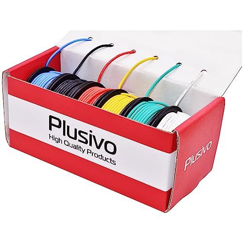 22AWG Silicone Hook Up Wire - 22 Gauge Stranded Tinned Copper Wire with Silicone Insulation, 6 Colors (Black, Red, Yellow, Green, Blue, White) 23ft / 7m Each, Hook Up Wire Kit from Plusivo