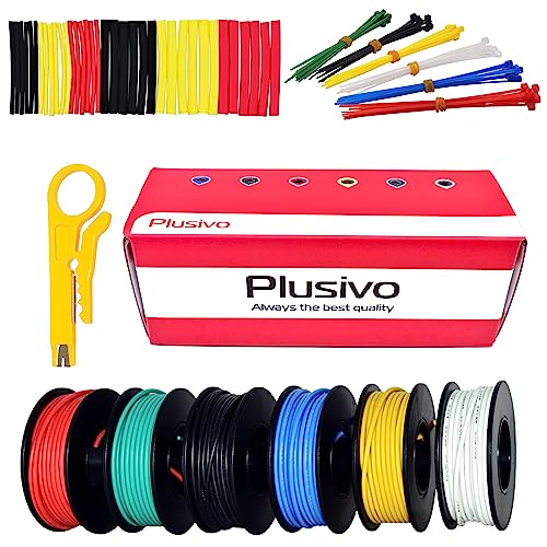 22AWG Silicone Hook Up Wire - 22 Gauge Stranded Tinned Copper Wire with Silicone Insulation, 6 Colors (Black, Red, Yellow, Green, Blue, White) 23ft / 7m Each, Hook Up Wire Kit from Plusivo