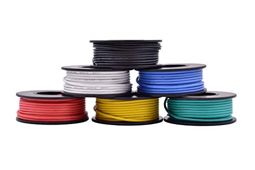 22AWG Silicone Hook Up Wire - 22 Gauge Stranded Tinned Copper Wire with Silicone Insulation, 6 Colors (Black, Red, Yellow, Green, Blue, White) 23ft / 7m Each, Hook Up Wire Kit from Plusivo