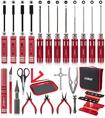 RC Car Tool Kit - Screwdriver Set (Flat, Phillips, Hex), Pliers, Wrench, Body Reamer, Stand, Repair Tools for Quadcopter Drone Helicopter Airplane, Accessories Compatible with Traxxas R C Cars  25pcs