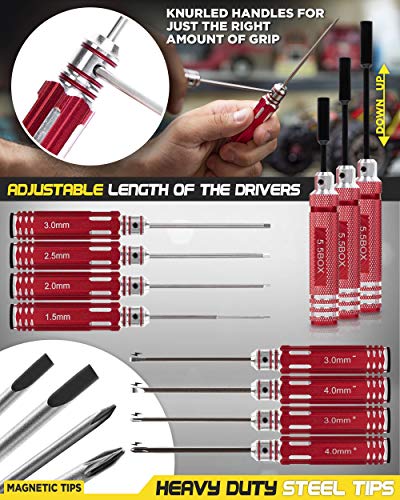 RC Car Tool Kit - Screwdriver Set (Flat, Phillips, Hex), Pliers, Wrench, Body Reamer, Stand, Repair Tools for Quadcopter Drone Helicopter Airplane, Accessories Compatible with Traxxas R C Cars  25pcs
