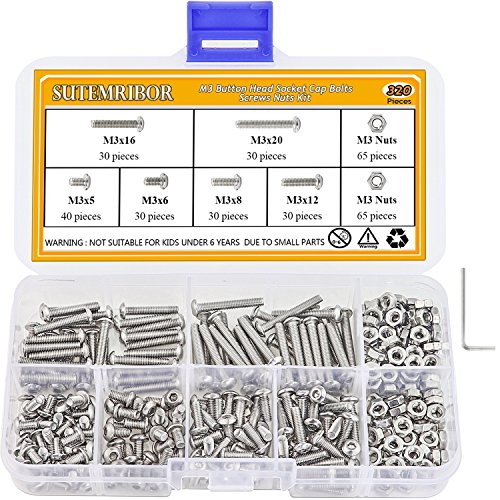 Sutemribor 320Pcs M3 Stainless Steel Button Head Hex Socket Head Cap Bolts Screws Nuts Assortment Kit + Wrench