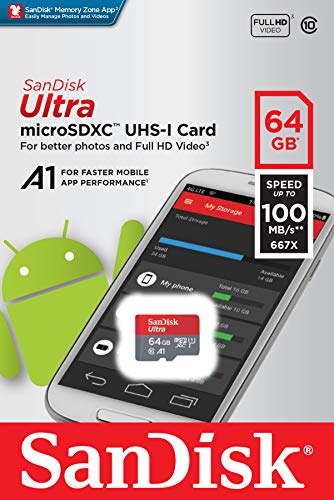 SanDisk 64GB Ultra MicroSDXC UHS-I Memory Card with Adapter - 100MB/s, C10, U1, Full HD, A1, Micro SD Card - SDSQUAR-064G-GN6MA