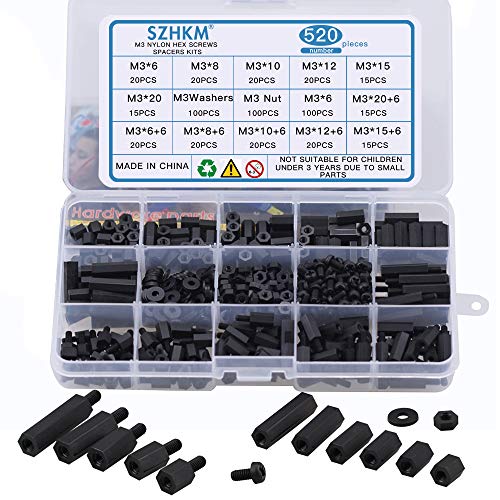 SZHKM 520pcs M3 Nylon Standoffs Kit Male Female Threaded Hex Standoff Motherboard Standoffs Nylon Black Circuit Board Standoffs Mounting Hardware Spacer Assortment (NL3-08, Black)