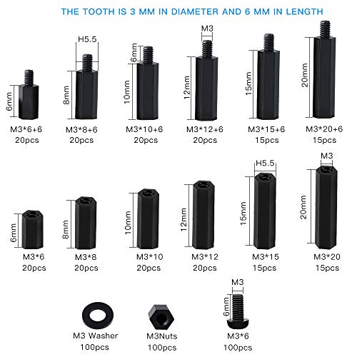 SZHKM 520pcs M3 Nylon Standoffs Kit Male Female Threaded Hex Standoff Motherboard Standoffs Nylon Black Circuit Board Standoffs Mounting Hardware Spacer Assortment (NL3-08, Black)