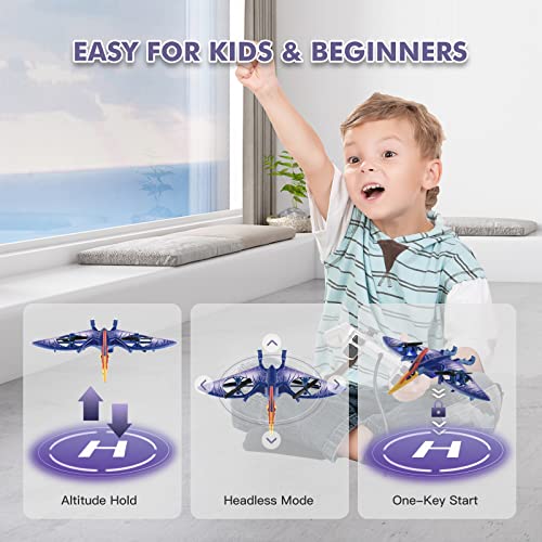 Pterosaur Dinosaur Toys Drone for Kids - Indoor Quadcopter with Altitude Hold, Headless Mode, LED Light One Key Start Speed Adjustment, Toys for 8 9 10 11 12 Year Old Boys&Girls, Birthday, Christmas Gifts (Blue)