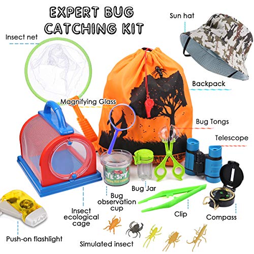 Outdoor Explorer Kit & Bug Catcher Kit with Binoculars, Flashlight, Compass, Magnifying Glass, Critter Case and Butterfly Net Great Toys Kids Gift for Boys & Girls Age 3-12 Year Old Camping Hiking