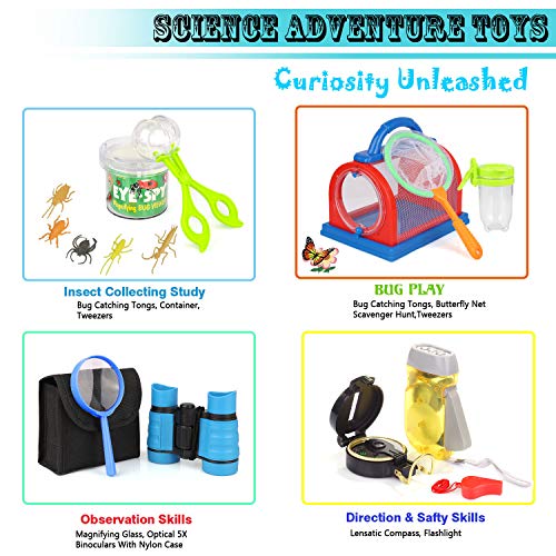 Outdoor Explorer Kit & Bug Catcher Kit with Binoculars, Flashlight, Compass, Magnifying Glass, Critter Case and Butterfly Net Great Toys Kids Gift for Boys & Girls Age 3-12 Year Old Camping Hiking