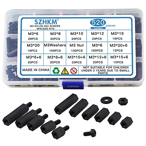 SZHKM 520pcs M3 Nylon Standoffs Kit Male Female Threaded Hex Standoff Motherboard Standoffs Nylon Black Circuit Board Standoffs Mounting Hardware Spacer Assortment (NL3-08, Black)