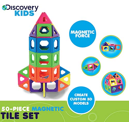 Discovery Kids 50-Piece Magnetic Building Tiles Construction Set in 6 Colors with Storage Bag