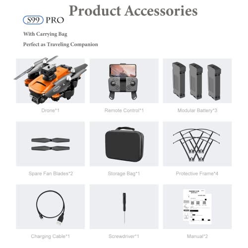 Drone with Camera for Adults 4K, S99 UHD Mini RC Quadcopter Drones for Kids Toy Gifts, WIFI FPV Whoop for Boys Girls, Small Foldable Sky Quad with Live Video, Waypoint Fly, Auto Hover, Gesture and Gravity Control, Emergency Stop, Fly 54 Mins(Orange)