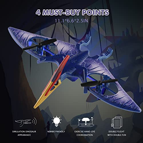 Pterosaur Dinosaur Toys Drone for Kids - Indoor Quadcopter with Altitude Hold, Headless Mode, LED Light One Key Start Speed Adjustment, Toys for 8 9 10 11 12 Year Old Boys&Girls, Birthday, Christmas Gifts (Blue)