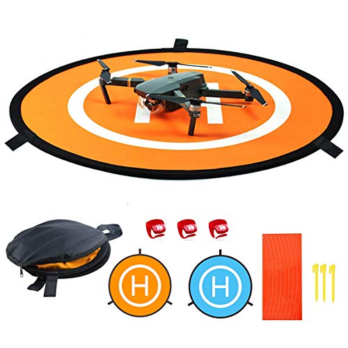 Drone Landing Pad with 3 Pcs LED Litghts, Collapsible Blue Orange Double-Sided Available Waterproof Landing Pads for RC Drones Helicopter(55cm/21'')