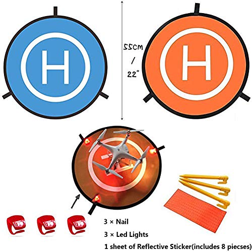 Drone Landing Pad with 3 Pcs LED Litghts, Collapsible Blue Orange Double-Sided Available Waterproof Landing Pads for RC Drones Helicopter(55cm/21'')