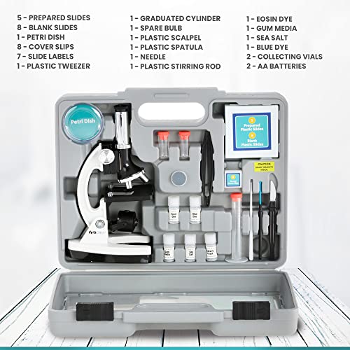 AmScope 120X-1200X 52-pcs Kids Beginner Microscope STEM Kit with Metal Body Microscope, Plastic Slides, LED Light and Carrying Box (M30-ABS-KT2-W),White