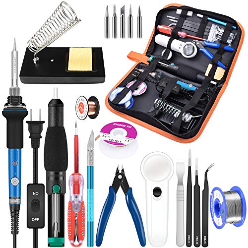 Soldering Iron Kit Electronics, 21-in-1, 60W Adjustable Temperature Soldering Iron, 5pcs Soldering Iron Tips, Soldering Iron Stand, Desoldering Pump, Magnifier, Solder Wire, Tweezer, PU Carry Bag