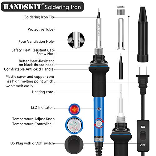 Soldering Iron Kit Electronics, 21-in-1, 60W Adjustable Temperature Soldering Iron, 5pcs Soldering Iron Tips, Soldering Iron Stand, Desoldering Pump, Magnifier, Solder Wire, Tweezer, PU Carry Bag