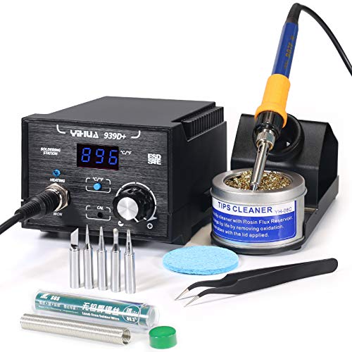 Yihua 939D+ Digital Soldering Station, 75W Equivalent with Precision Heat Control (392°F to 896°F) and Built-in Transformer. ESD Safe, Lead Free with °C/°F display + 5 Solder Tips, Solder & 3 Extras