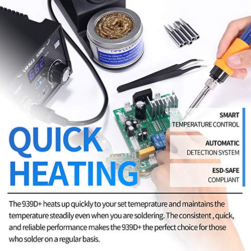 Yihua 939D+ Digital Soldering Station, 75W Equivalent with Precision Heat Control (392°F to 896°F) and Built-in Transformer. ESD Safe, Lead Free with °C/°F display + 5 Solder Tips, Solder & 3 Extras