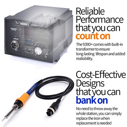 Yihua 939D+ Digital Soldering Station, 75W Equivalent with Precision Heat Control (392°F to 896°F) and Built-in Transformer. ESD Safe, Lead Free with °C/°F display + 5 Solder Tips, Solder & 3 Extras
