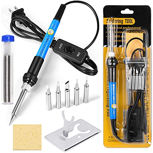 Soldering Iron Kit, [Upgraded] 60W Adjustable Temperature Welding Tool with ON-Off Switch, Rarlight 9-in-1 Soldering Kits, 5pcs Soldering Iron Tips, Solder Wire, Y Type Soldering Iron Stand (Blue)