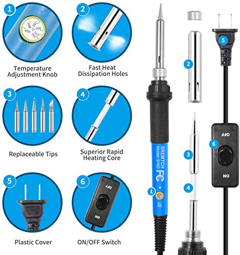 Soldering Iron Kit, [Upgraded] 60W Adjustable Temperature Welding Tool with ON-Off Switch, Rarlight 9-in-1 Soldering Kits, 5pcs Soldering Iron Tips, Solder Wire, Y Type Soldering Iron Stand (Blue)