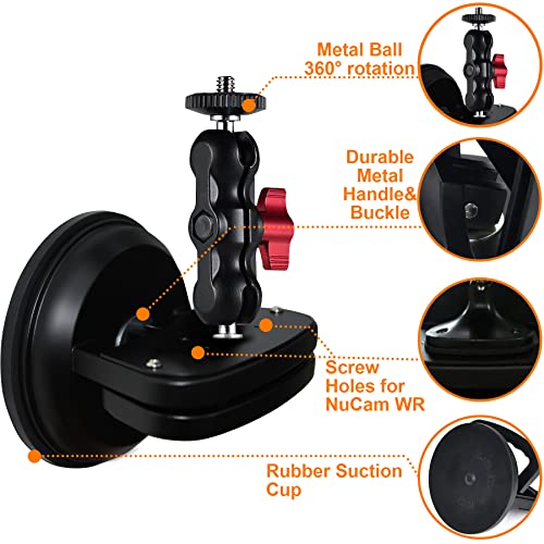 NUNET Suction Cup Mount for Heavy Duty DSLR/NuCam WR/Gopro, Strong 5" Diameter Suction Base ABS, Perfect for Car/Boat/Windshield/Window, Aluminum with 360° Camera Rotation Ball Head with Safety Tether