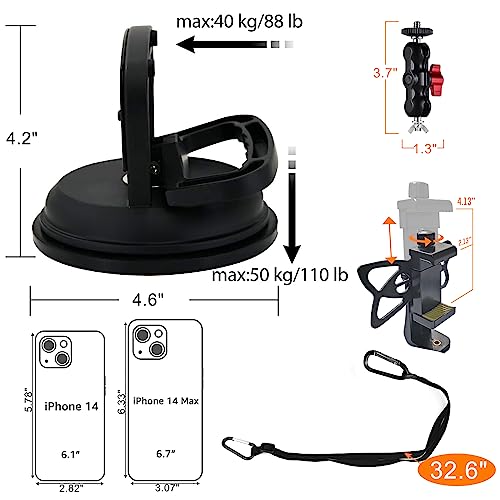 NUNET Suction Cup Mount for Heavy Duty DSLR/NuCam WR/Gopro, Strong 5" Diameter Suction Base ABS, Perfect for Car/Boat/Windshield/Window, Aluminum with 360° Camera Rotation Ball Head with Safety Tether