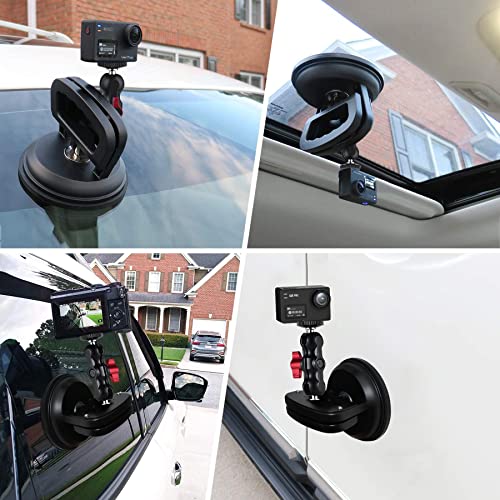 NUNET Suction Cup Mount for Heavy Duty DSLR/NuCam WR/Gopro, Strong 5" Diameter Suction Base ABS, Perfect for Car/Boat/Windshield/Window, Aluminum with 360° Camera Rotation Ball Head with Safety Tether