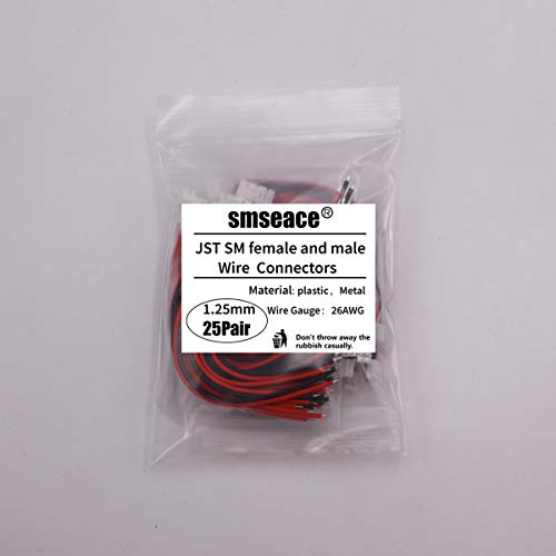 smseace 25pair 26AWG JST 1.25mm 2pin Wire Connectors 100mm cable for indoor 3D plane twinkle light LED belt light sm connections JST-1.25mm-25