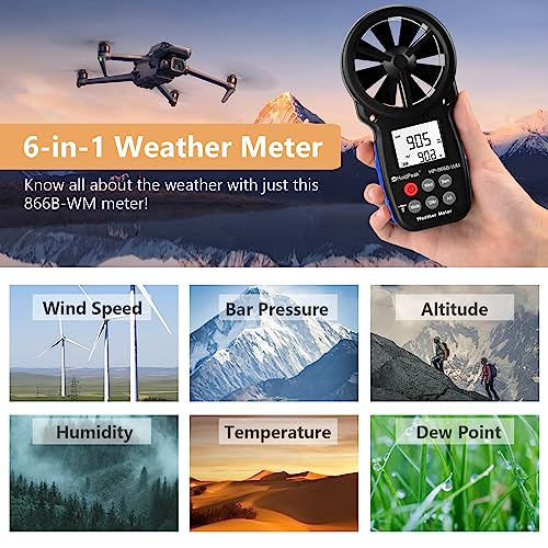 HOLDPEAK 866B-WM Digital Anemometer Handheld Wind Speed Meter with Altitude and hpa measurement, for Measuring Wind Speed, Temperature (?/?)?Dew point and Wind Chill with Backlight and Humidity Tester