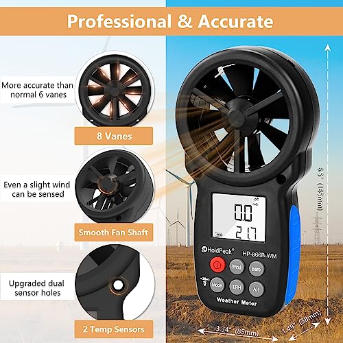 HOLDPEAK 866B-WM Digital Anemometer Handheld Wind Speed Meter with Altitude and hpa measurement, for Measuring Wind Speed, Temperature (?/?)?Dew point and Wind Chill with Backlight and Humidity Tester