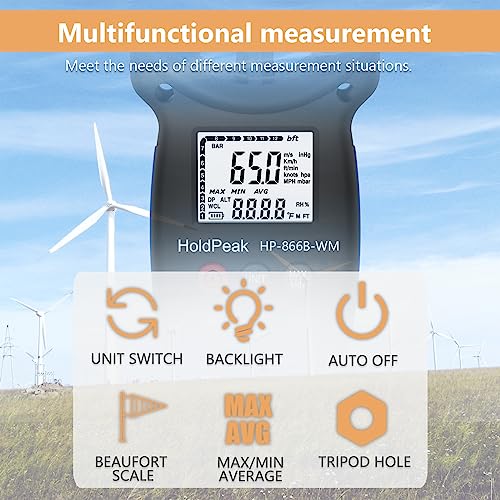 HOLDPEAK 866B-WM Digital Anemometer Handheld Wind Speed Meter with Altitude and hpa measurement, for Measuring Wind Speed, Temperature (?/?)?Dew point and Wind Chill with Backlight and Humidity Tester