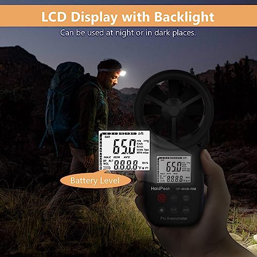 HOLDPEAK 866B-WM Digital Anemometer Handheld Wind Speed Meter with Altitude and hpa measurement, for Measuring Wind Speed, Temperature (?/?)?Dew point and Wind Chill with Backlight and Humidity Tester