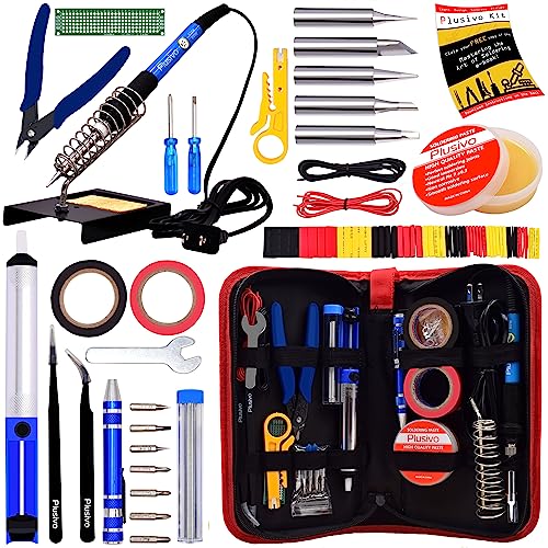 Soldering Iron Kit - Soldering Iron 60W Adjustable Temperature, Solder Wire, Soldering Stand, Wire Cutter, Solder Tips, Desoldering Pump, Tweezers, Rosin, Heatshrink Tubes [110V, US Plug] from Plusivo