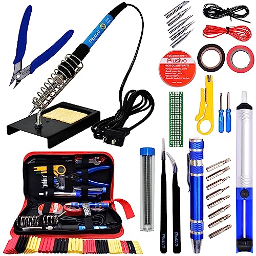 Soldering Iron Kit - Soldering Iron 60W Adjustable Temperature, Solder Wire, Soldering Stand, Wire Cutter, Solder Tips, Desoldering Pump, Tweezers, Rosin, Heatshrink Tubes [110V, US Plug] from Plusivo