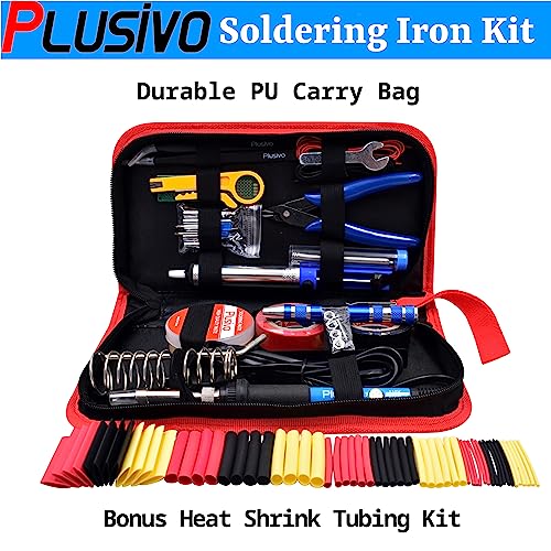 Soldering Iron Kit - Soldering Iron 60W Adjustable Temperature, Solder Wire, Soldering Stand, Wire Cutter, Solder Tips, Desoldering Pump, Tweezers, Rosin, Heatshrink Tubes [110V, US Plug] from Plusivo