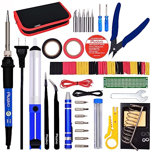 Soldering Iron Kit - Soldering Iron 60W Adjustable Temperature, Solder Wire, Soldering Stand, Wire Cutter, Solder Tips, Desoldering Pump, Tweezers, Rosin, Heatshrink Tubes [110V, US Plug] from Plusivo