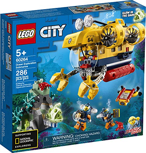 LEGO City Ocean Exploration Submarine 60264, with Toy Submarine, Coral Reef Setting, Underwater Drone, Glow in The Dark Anglerfish Figure and 4 Explorer Minifigures, New 2020 (286 Pieces)