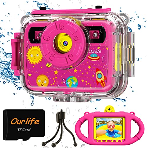 Ourlife Kids Camera, Selfie Waterproof Action Child Gift Cameras,1080P 8MP 2.4 Inch Large Screen with 8GB TF Card for Children Toddler of Age 3,4,5,6+, Silicone Handle, Fill Light(Pink)