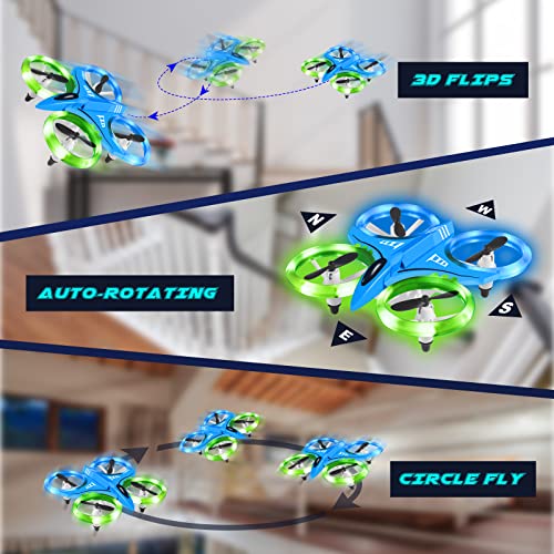 Mini Drones for Kids, RC Drone with LED Night Lights One Key Take Off Landing Flips - Altitude Hold, Auto Rotating, 3D Flip, Headless Mode, Indoor Quadcopter Gift Toys for Boys Girls (Blue)