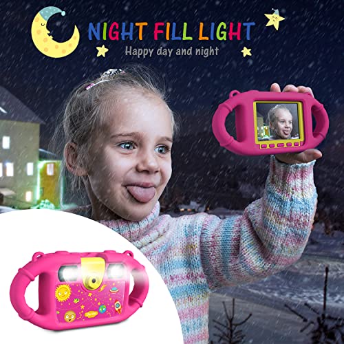 Ourlife Kids Camera, Selfie Waterproof Action Child Gift Cameras,1080P 8MP 2.4 Inch Large Screen with 8GB TF Card for Children Toddler of Age 3,4,5,6+, Silicone Handle, Fill Light(Pink)