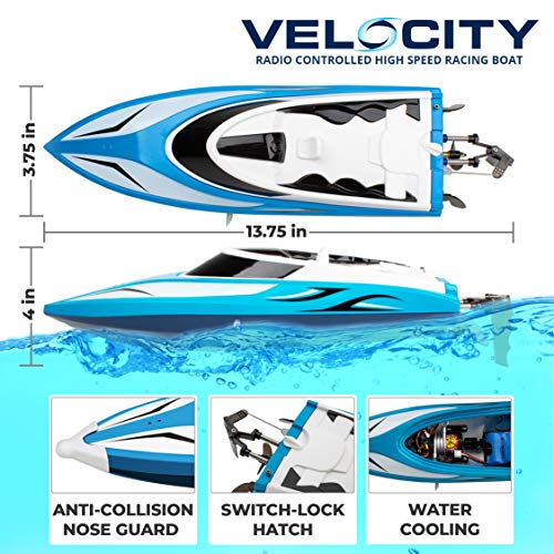 Force1 Velocity H102 RC Boat - Remote Control Boat for Pools and Lakes, Fast RC Boats for Adults and Kids with 20+ mph Speed Boat, 4 channel 2.4GHZ Remote Control, and Rechargeable Boat Battery (Blue)
