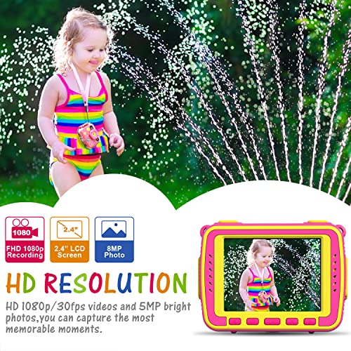Ourlife Kids Camera, Selfie Waterproof Action Child Gift Cameras,1080P 8MP 2.4 Inch Large Screen with 8GB TF Card for Children Toddler of Age 3,4,5,6+, Silicone Handle, Fill Light(Pink)