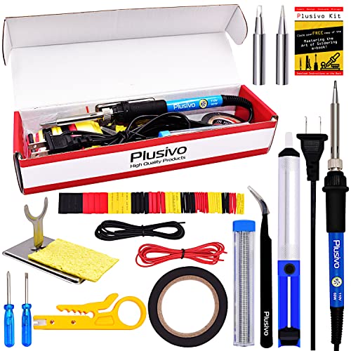 Soldering Iron Kit Electronics, Soldering Iron 60W Adjustable Temperature, Solder Wire, Wire Stripper, Desoldering Pump, Tweezers, Solder Tips, Mini Stand, Screwdrivers, Heatshrink Tubes from Plusivo
