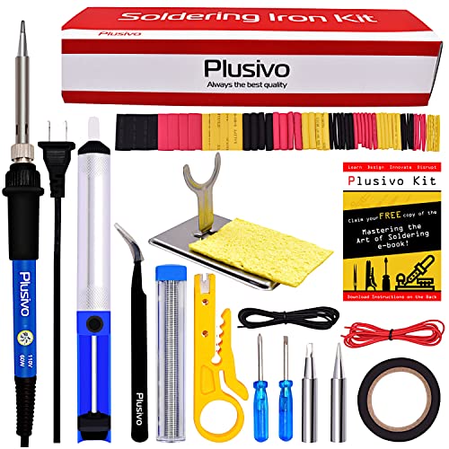 Soldering Iron Kit Electronics, Soldering Iron 60W Adjustable Temperature, Solder Wire, Wire Stripper, Desoldering Pump, Tweezers, Solder Tips, Mini Stand, Screwdrivers, Heatshrink Tubes from Plusivo