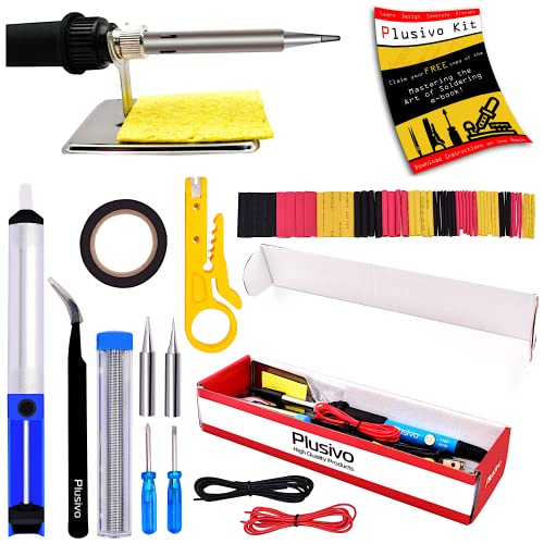 Soldering Iron Kit Electronics, Soldering Iron 60W Adjustable Temperature, Solder Wire, Wire Stripper, Desoldering Pump, Tweezers, Solder Tips, Mini Stand, Screwdrivers, Heatshrink Tubes from Plusivo